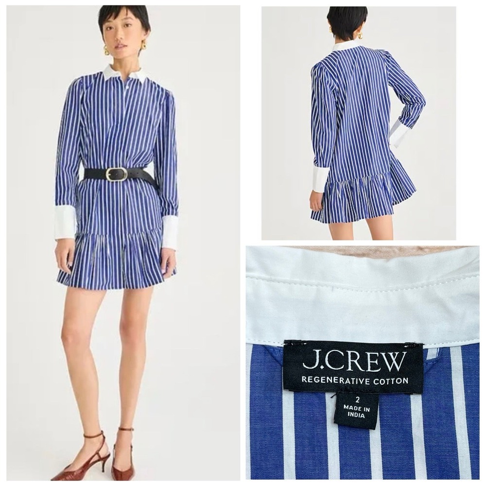 J‎ Crew Poplin Shirt Dress Cotton Tiered Striped Career Preppy Old Money Size 2